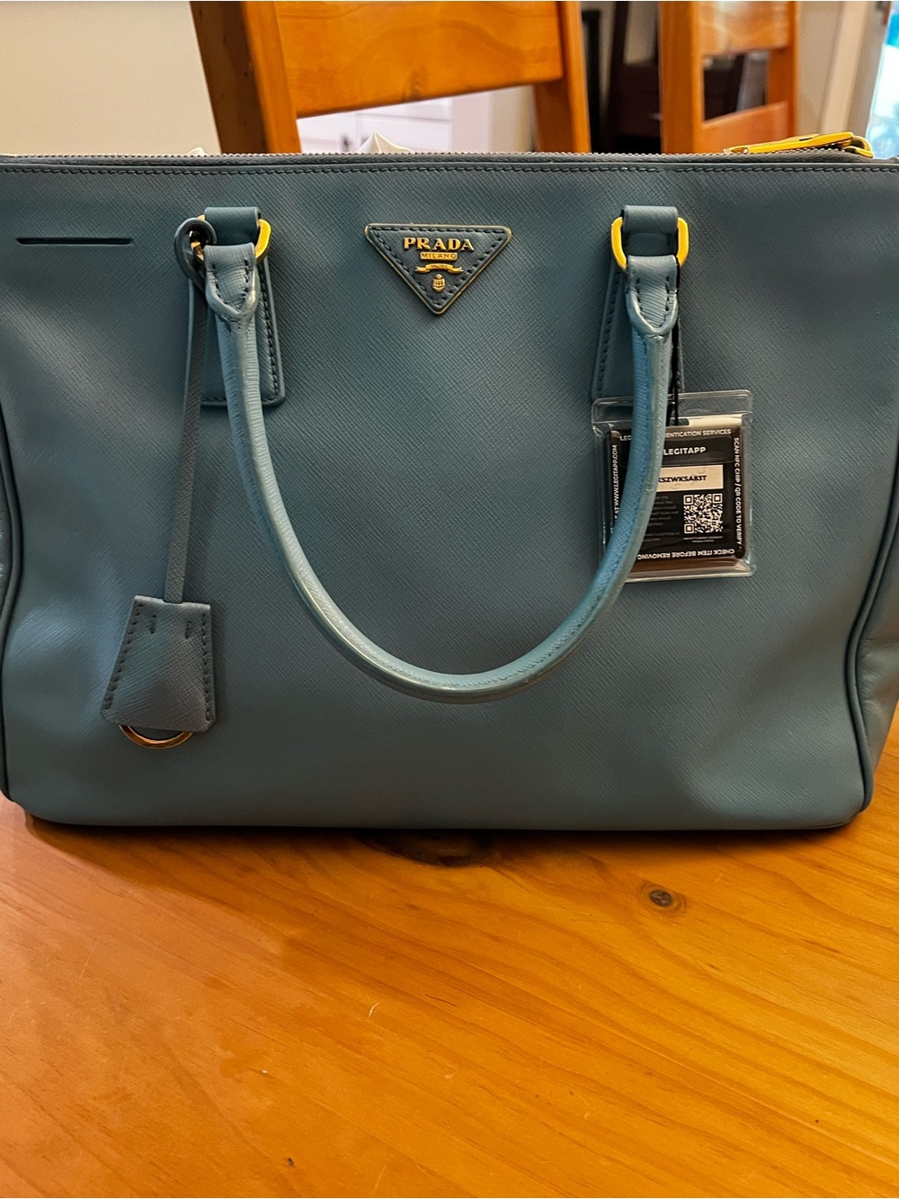 Prada Saffiano Leather Tote Bag in blue with gold hardware